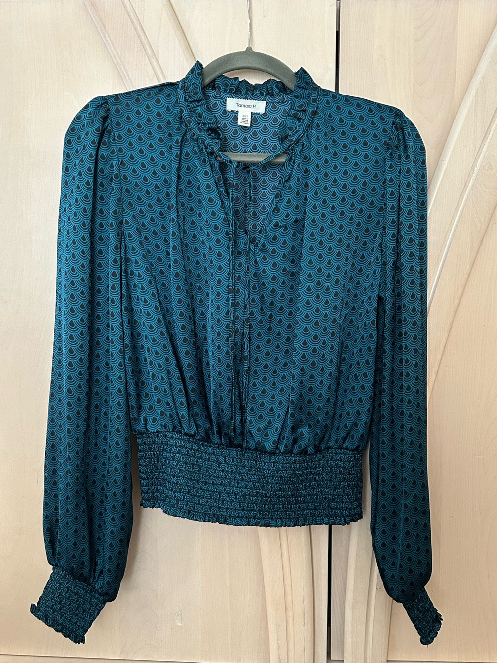 Tamara H Teal Blue Patterned Long-Sleeve Smocked Waist Blouse